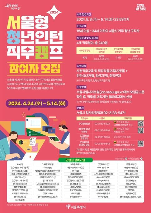 2024년 서울형 청년인턴 직무캠프 참여자 모집 포스터